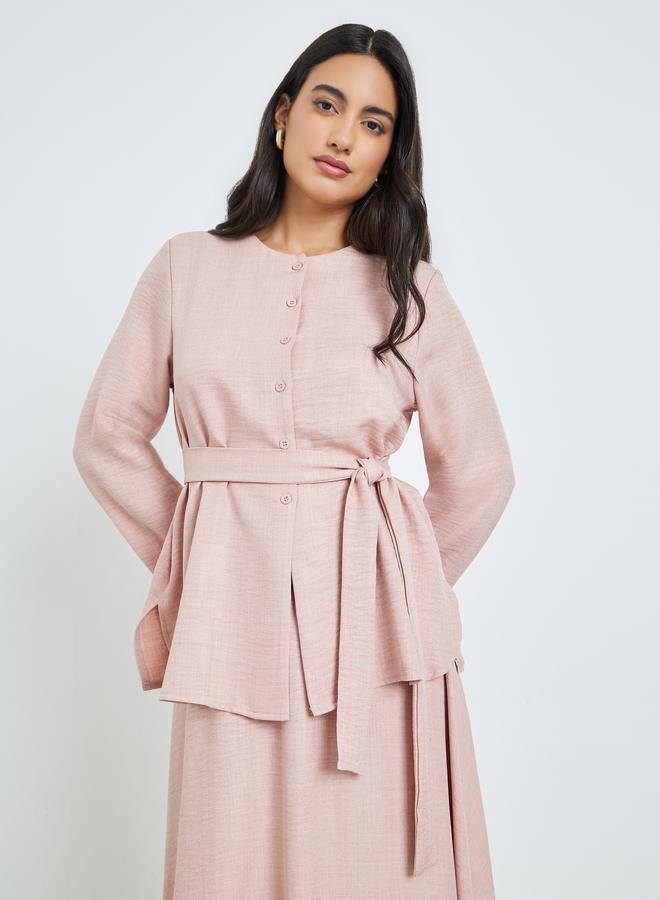 Amirah Pink Buttoned Long Sleeve Top and Skirt Co-Ords - Image 2