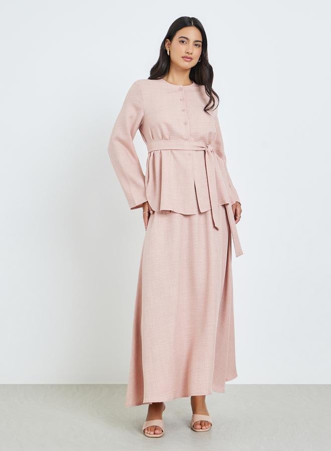 Amirah Pink Buttoned Long Sleeve Top and Skirt Co-Ords - Image 3
