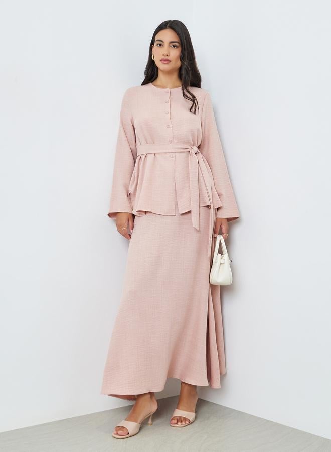 Amirah Pink Buttoned Long Sleeve Top and Skirt Co-Ords - Image 1