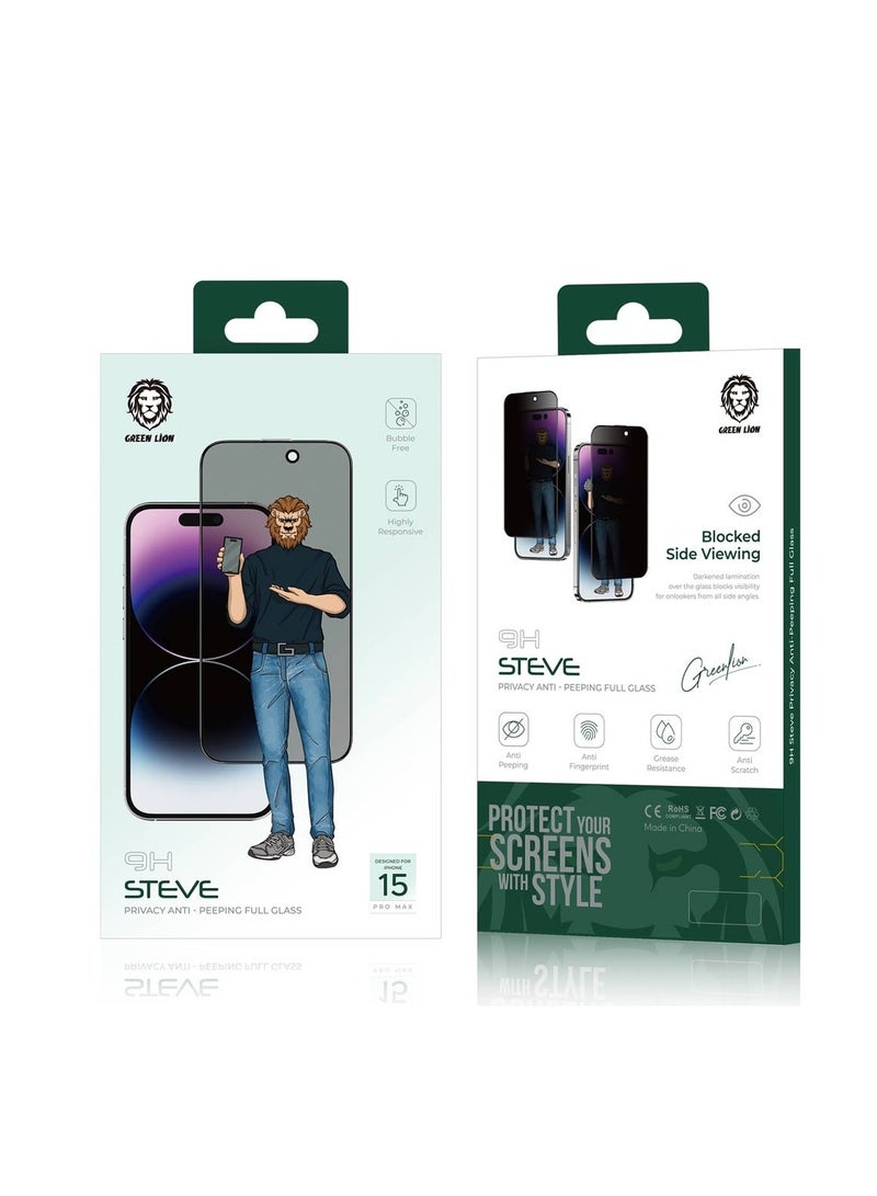 Green Lion 9H Steve Privacy Anti-Peeping Glass for iPhone 15 - Black Edge/Privacy - Image 5