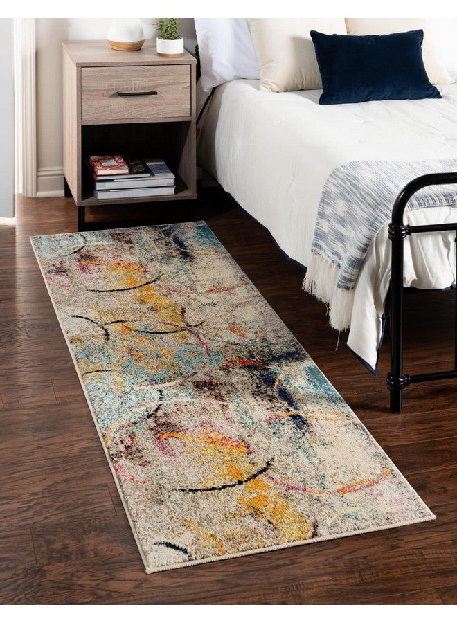 Unique Loom Chromatic Collection Modern Rustic & Vibrant Abstract Area Rug For Any Home Décor Runner 2' 7 X 10' 0 Beige/Blue - Image 1