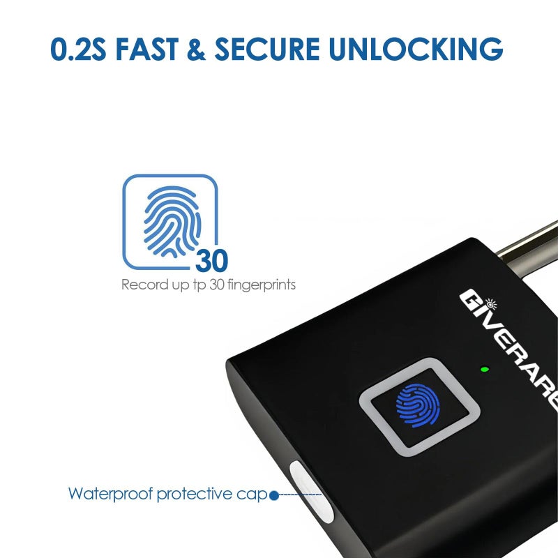 GIVERARE Fingerprint Smart Padlock, Biometric Metal Keyless Thumbprint Lock Alloy, USB Rechargeable, Quick Unlock Waterproof Rustproof Locks for Warehouses, Gym, Homes, Office, School Locker, Luggage-Black - Image 4