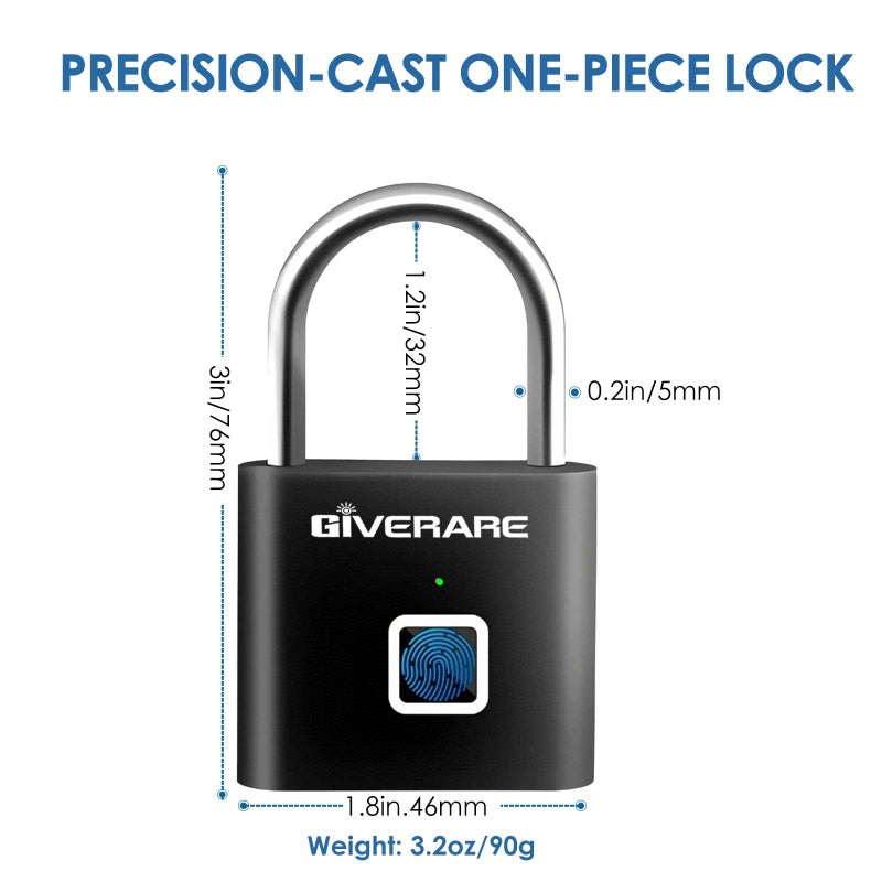GIVERARE Fingerprint Smart Padlock, Biometric Metal Keyless Thumbprint Lock Alloy, USB Rechargeable, Quick Unlock Waterproof Rustproof Locks for Warehouses, Gym, Homes, Office, School Locker, Luggage-Black - Image 2