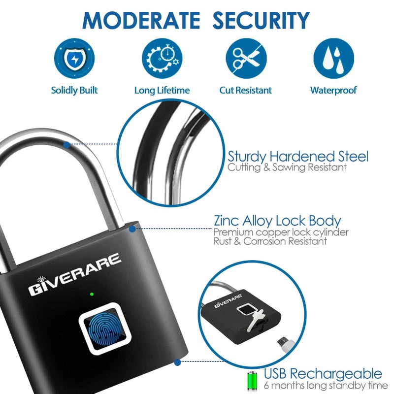 GIVERARE Fingerprint Smart Padlock, Biometric Metal Keyless Thumbprint Lock Alloy, USB Rechargeable, Quick Unlock Waterproof Rustproof Locks for Warehouses, Gym, Homes, Office, School Locker, Luggage-Black - Image 3