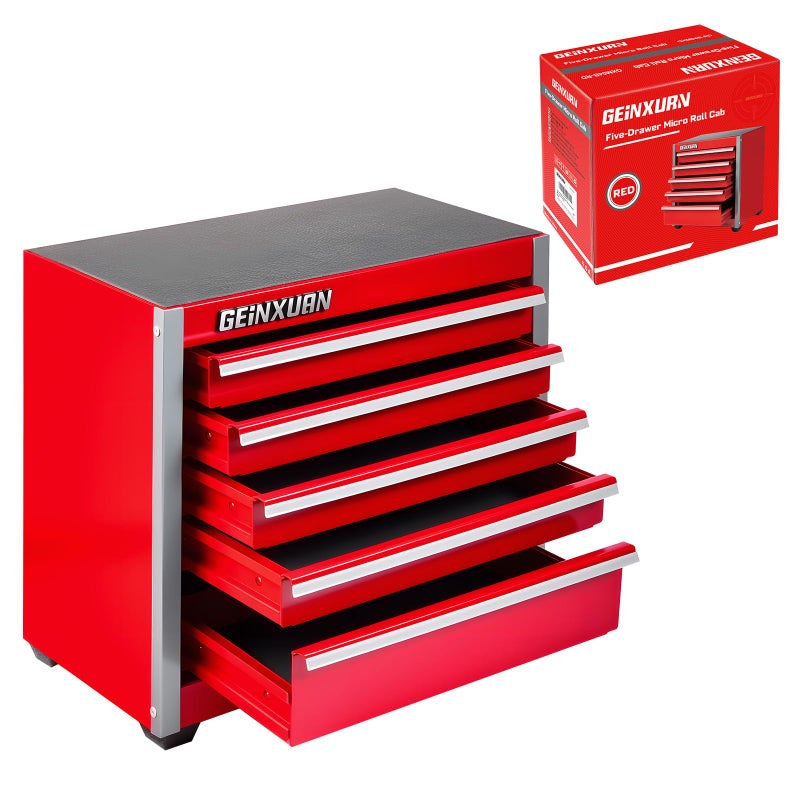 Geinxurn Mini Red Tool Box, 5 Drawer Micro Roll Cab Steel Stackable Portable Tool Cases with Magnetic Tab Locking and Liner for Tools Storage and Organizers - Image 1