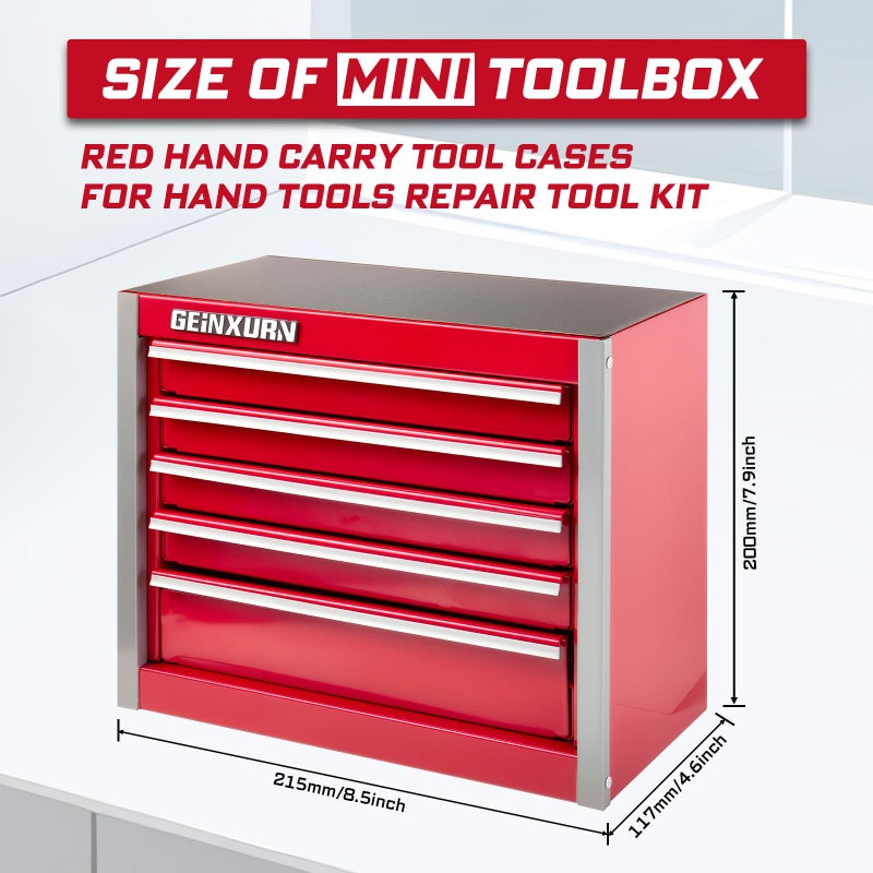 Geinxurn Mini Red Tool Box, 5 Drawer Micro Roll Cab Steel Stackable Portable Tool Cases with Magnetic Tab Locking and Liner for Tools Storage and Organizers - Image 2