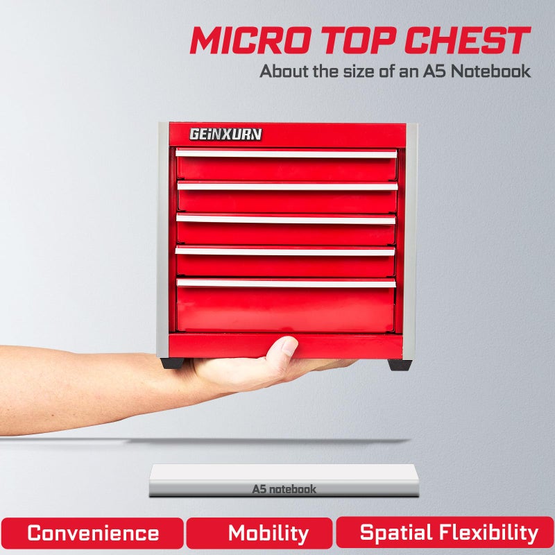 Geinxurn Mini Red Tool Box, 5 Drawer Micro Roll Cab Steel Stackable Portable Tool Cases with Magnetic Tab Locking and Liner for Tools Storage and Organizers - Image 4