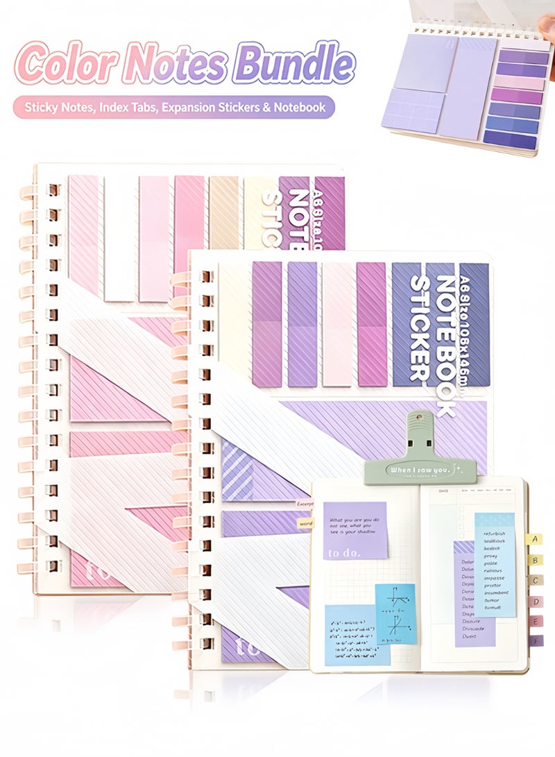 Sweet Life 2Pcs Color Sticky Note Books Combo, Spiral Binding Notebook with Index Label Tabs, Student Office Stationery Supplies - Image 1