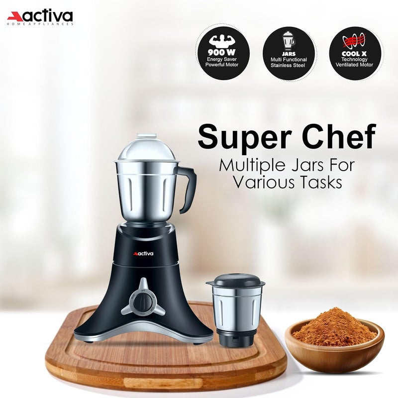 ACTIVA ABS Super Chef 900 Watts Powerful Motor Mixer Grinder With 4 Jars | 2 Years Motor, Black - Image 3