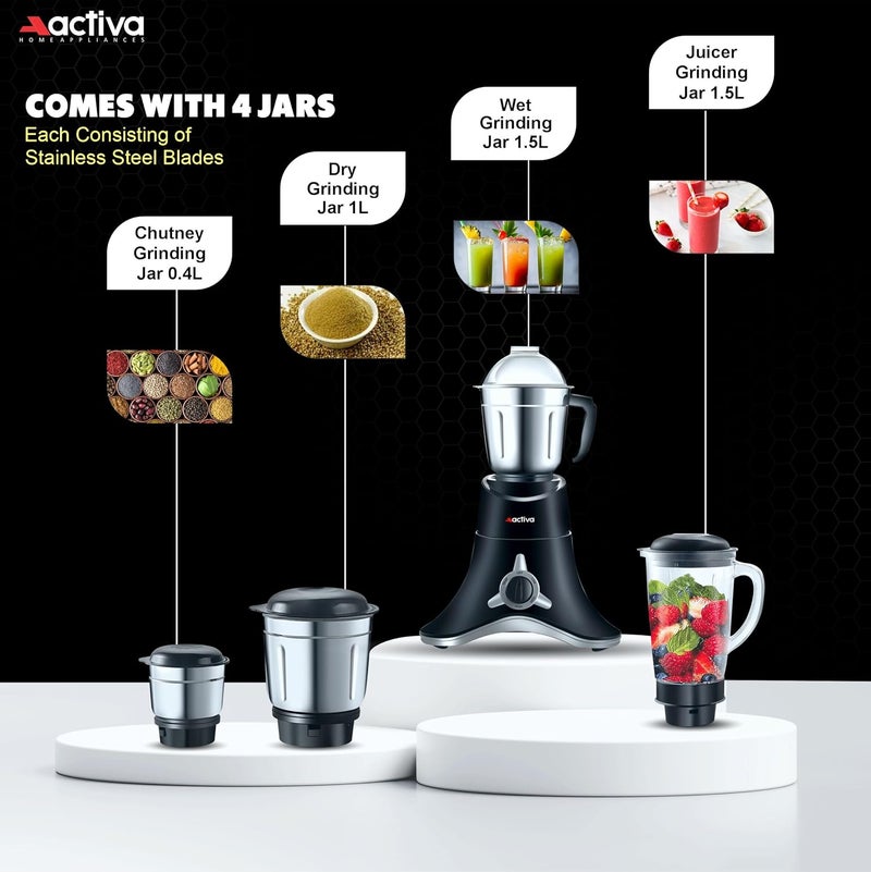 ACTIVA ABS Super Chef 900 Watts Powerful Motor Mixer Grinder With 4 Jars | 2 Years Motor, Black - Image 5