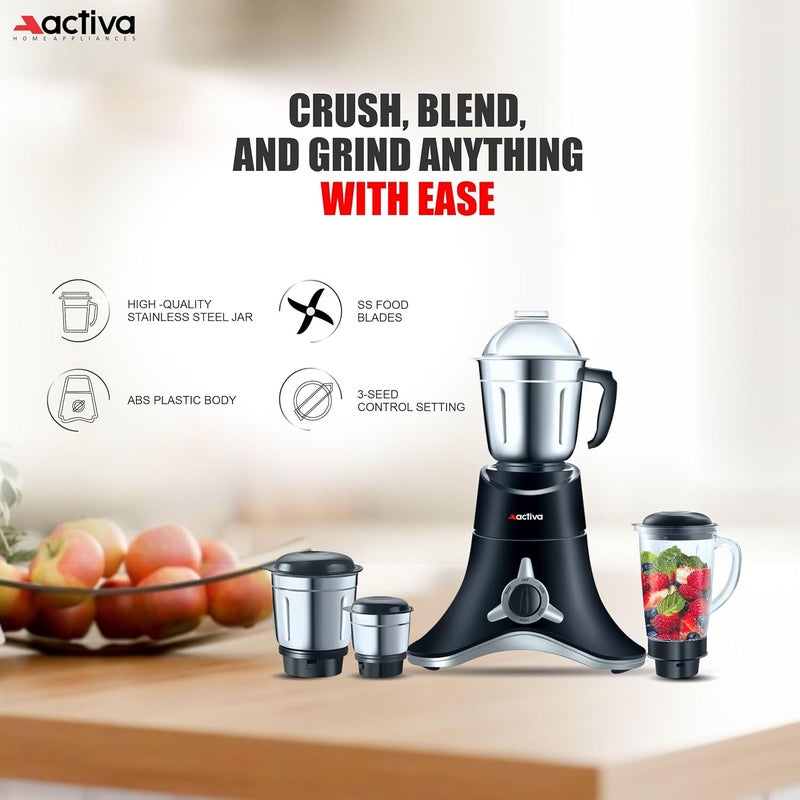 ACTIVA ABS Super Chef 900 Watts Powerful Motor Mixer Grinder With 4 Jars | 2 Years Motor, Black - Image 4