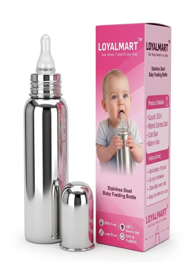 Loyalmart Baby Feeding Bottle Stainless Steel Baby Feeder 250ml BPA Free Leak Proof Soft Silicone Nipple No Plastic Contact Safe Hygienic, Newborn Milk Bottle - Image 1