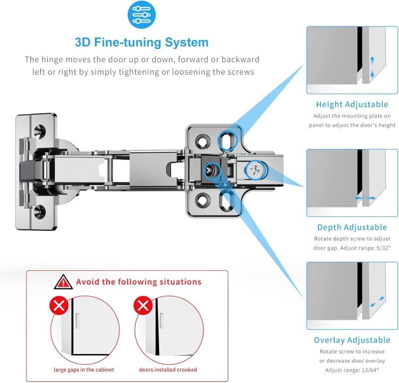 175 Degree Soft Close Frameless Cabinet Hinges - 3D 6-Way Adjustable Clip-On Installation, Durable Cold-Rolled Steel Silver Hinges for Kitchen Corner Cabinets & Furniture Doors - Image 4