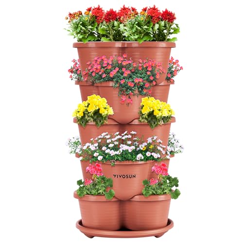 VIVOSUN 5 Tier Vertical Gardening Stackable Planter for Strawberries, Flowers, Herbs, Vegetables, Brown - Image 1