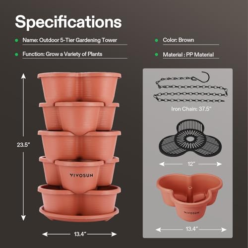 VIVOSUN 5 Tier Vertical Gardening Stackable Planter for Strawberries, Flowers, Herbs, Vegetables, Brown - Image 5