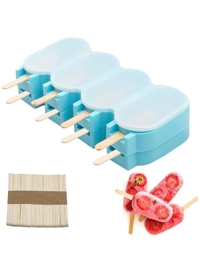 Beauenty Popsicle Silicone Molds with Cover, Reusable Homemade Ice Cream Silicone Molds Set, 8 cavity Oval Cake Pop Mold with 50 Wooden Sticks for Treats, Blue - Image 1