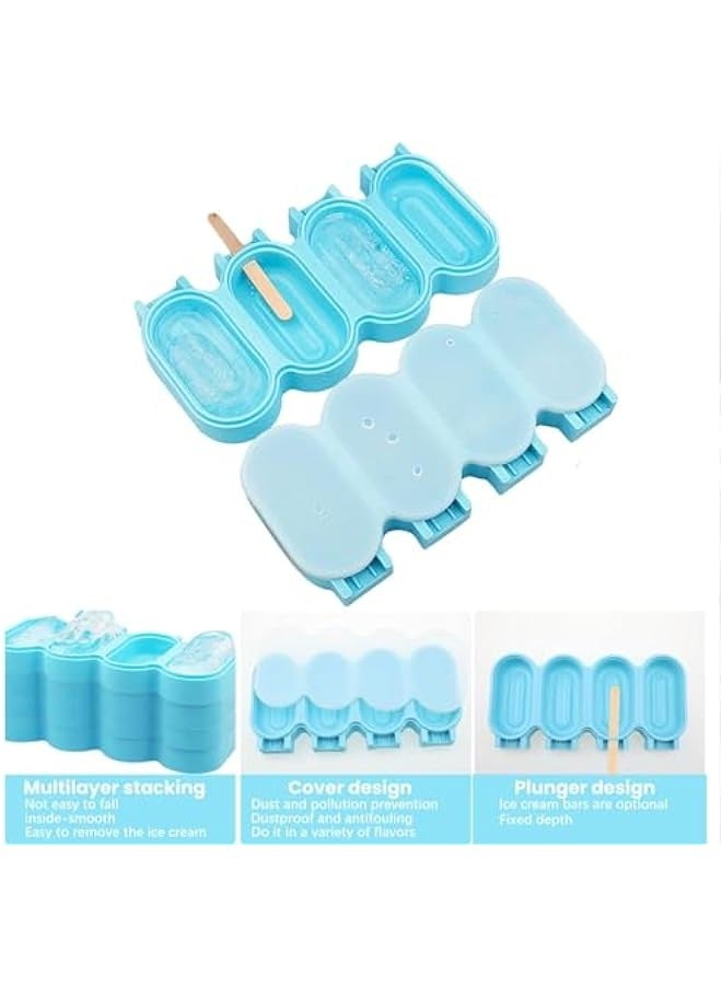 Beauenty Popsicle Silicone Molds with Cover, Reusable Homemade Ice Cream Silicone Molds Set, 8 cavity Oval Cake Pop Mold with 50 Wooden Sticks for Treats, Blue - Image 3