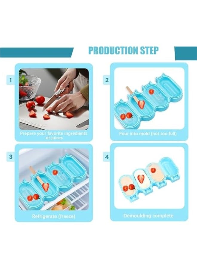 Beauenty Popsicle Silicone Molds with Cover, Reusable Homemade Ice Cream Silicone Molds Set, 8 cavity Oval Cake Pop Mold with 50 Wooden Sticks for Treats, Blue - Image 5