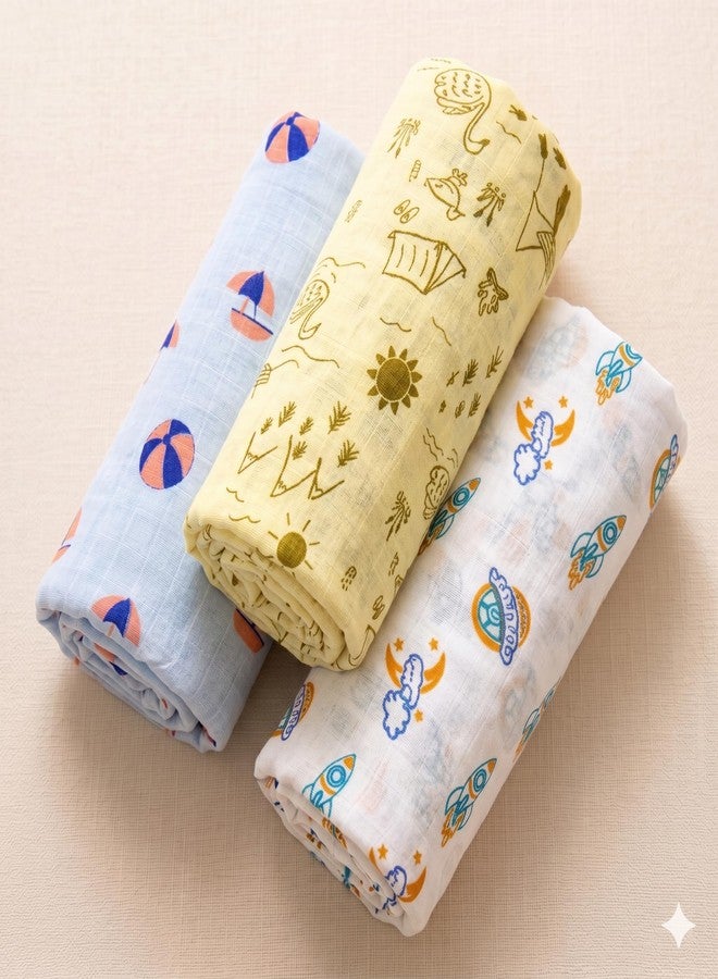 NEW COMERS® Cotton Muslin Baby Swaddle Set, Multicolor Printed Muslin Swaddle Wrap for New Born Baby, Soft Pure Cotton Sheet Baby Wrap Set, Baby Product (Swaddle_09) - Image 1