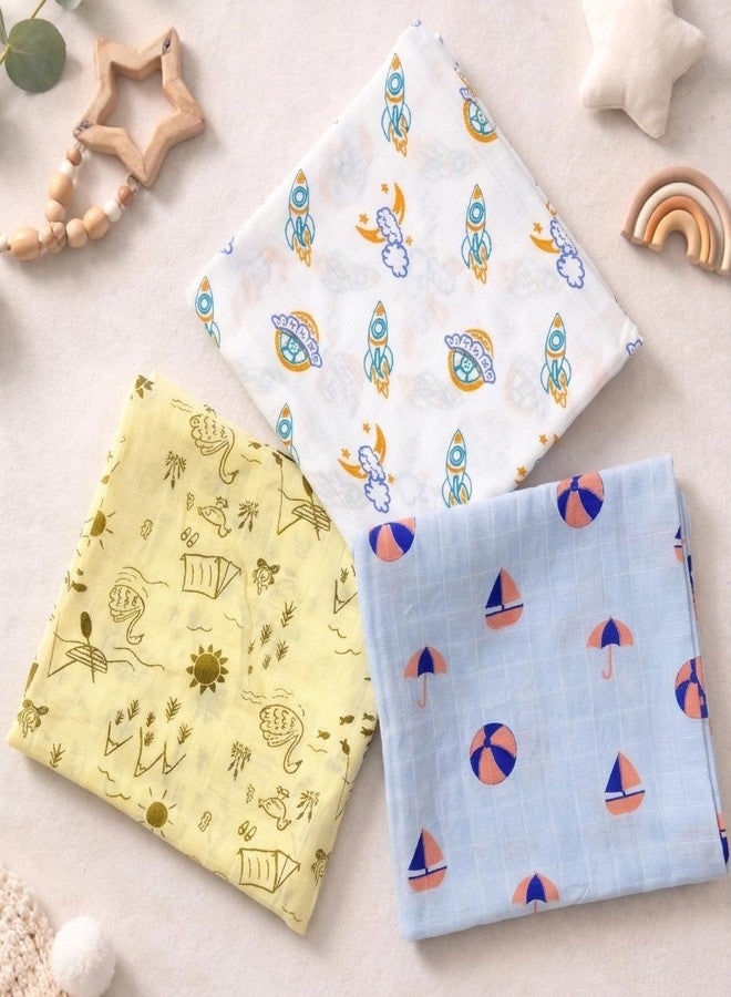 NEW COMERS® Cotton Muslin Baby Swaddle Set, Multicolor Printed Muslin Swaddle Wrap for New Born Baby, Soft Pure Cotton Sheet Baby Wrap Set, Baby Product (Swaddle_09) - Image 3