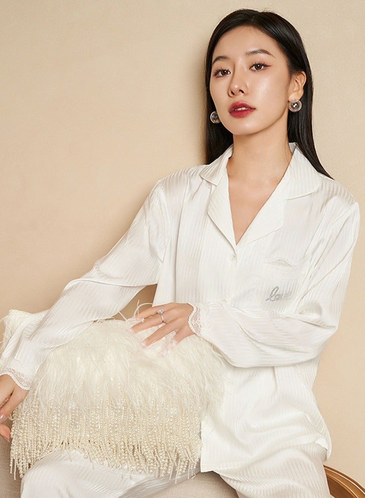 Loquat Women's Solid Color 2-Piece Set Loose Nightgown Sleepwear Long Sleeve Lapel Top And Pants Soft Loungewear Wear Pajamas Suit White 
