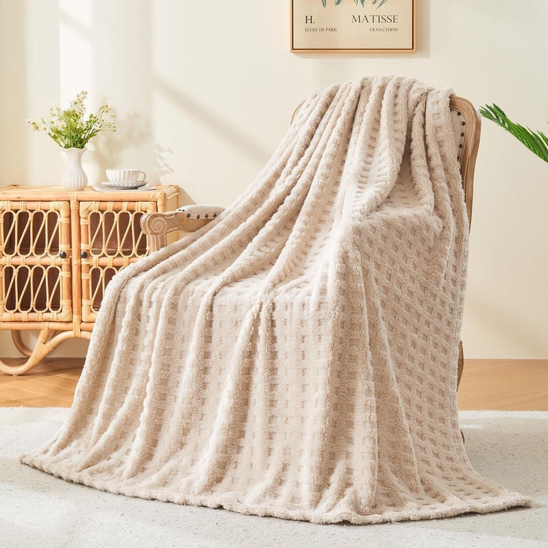 Wajade Fleece Throw Blanket, Fluffy Faux Fur Blanket for Bed Sofa Couch, Soft Warm Thick Blanket,waffle Linen-127X178 - Image 1