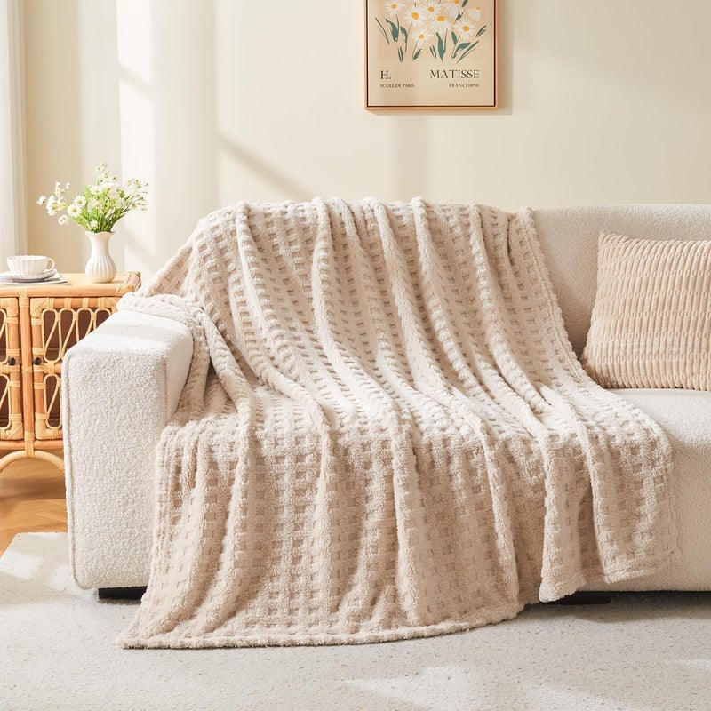 Wajade Fleece Throw Blanket, Fluffy Faux Fur Blanket for Bed Sofa Couch, Soft Warm Thick Blanket,waffle Linen-127X178 - Image 2