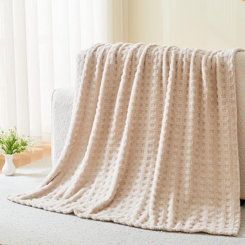 Wajade Fleece Throw Blanket, Fluffy Faux Fur Blanket for Bed Sofa Couch, Soft Warm Thick Blanket,waffle Linen-127X178 - Image 5