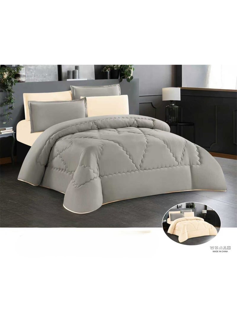 HOOR This double-sided summer bed set (6 pieces) features a modern design and geometric quilted stitching, giving it an elegant hotel look. It includes: 1 comforter (240*260cm), 1 fitted sheet (200*200cm), and 4 pillowcases (50*75cm). - Image 1