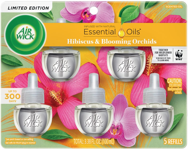 Air Wick Plug in Scented Oil Refill, 5 ct, Hibiscus and Blooming Orchids, Air Freshener, Essential Oils, Spring Collection - Image 1