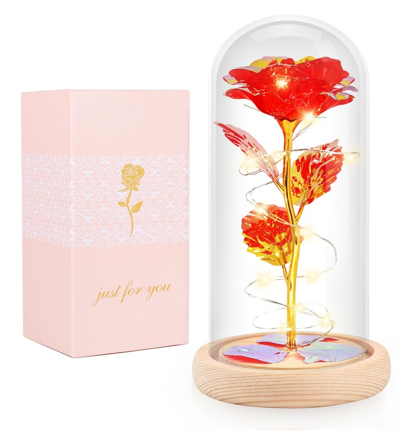 Beferr Mothers Day Flowers Gifts for Mom Birthday Gifts for Women Galaxy Glass Rose Gifts for Grandma Wife Daughter Artificial Forever Preserved Flowers for Delivery Prime Rose in Glass Dome Red 