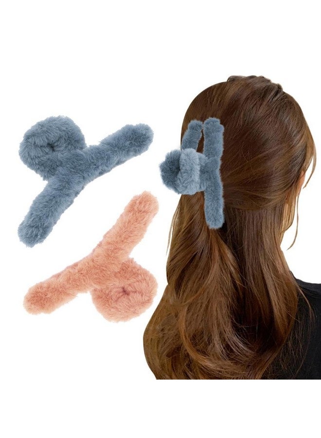 DN Creation مجموعة DN من 2 مشبك شعر ناعم لطيف من فرو الأرنب الصناعي، مشابك شعر كبيرة غير قابلة للانزلاق، مشابك شعر كبيرة فuzzy للنساء والفتيات - لون عشوائي - Image 1
