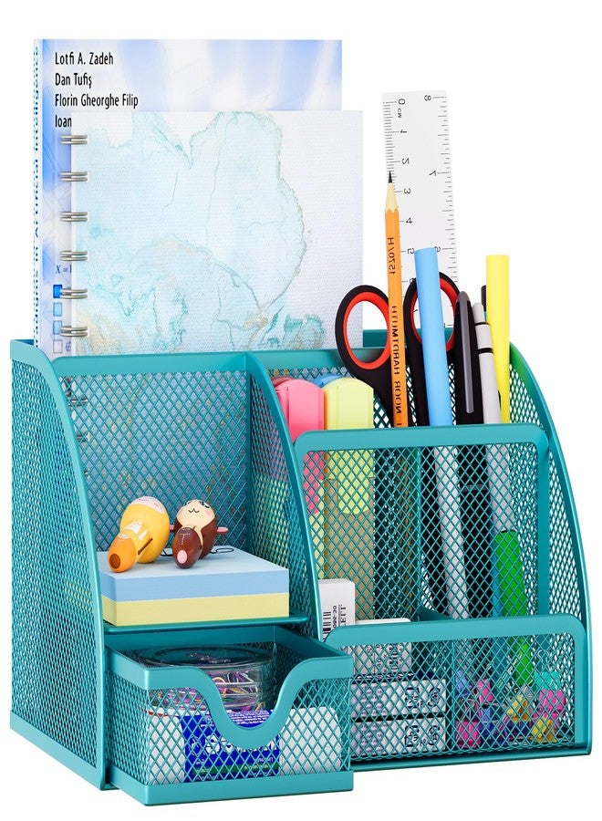 EasyPAG Mesh Desk Organizer with Drawer Multi-Functional Pen Holder Stationery Organizer for Office School Supplies 6 Compartments Dorm Organizers and Storage for Desk, Blue - Image 1