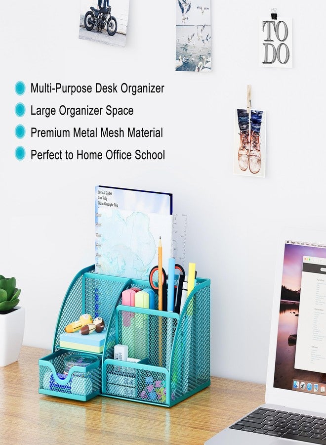 EasyPAG Mesh Desk Organizer with Drawer Multi-Functional Pen Holder Stationery Organizer for Office School Supplies 6 Compartments Dorm Organizers and Storage for Desk, Blue - Image 2