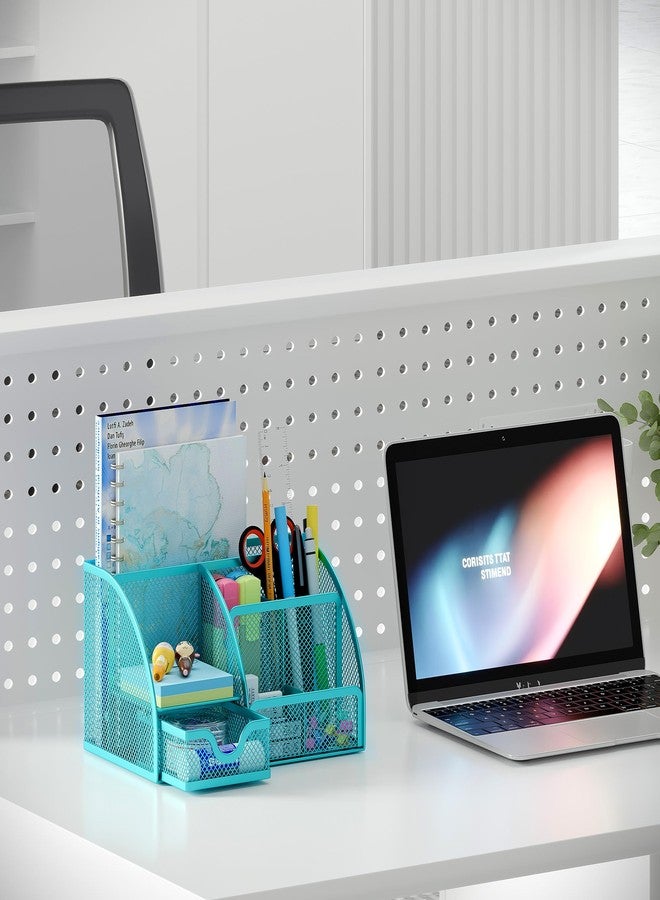 EasyPAG Mesh Desk Organizer with Drawer Multi-Functional Pen Holder Stationery Organizer for Office School Supplies 6 Compartments Dorm Organizers and Storage for Desk, Blue - Image 5