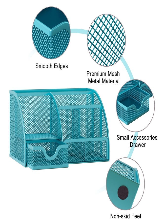 EasyPAG Mesh Desk Organizer with Drawer Multi-Functional Pen Holder Stationery Organizer for Office School Supplies 6 Compartments Dorm Organizers and Storage for Desk, Blue - Image 3