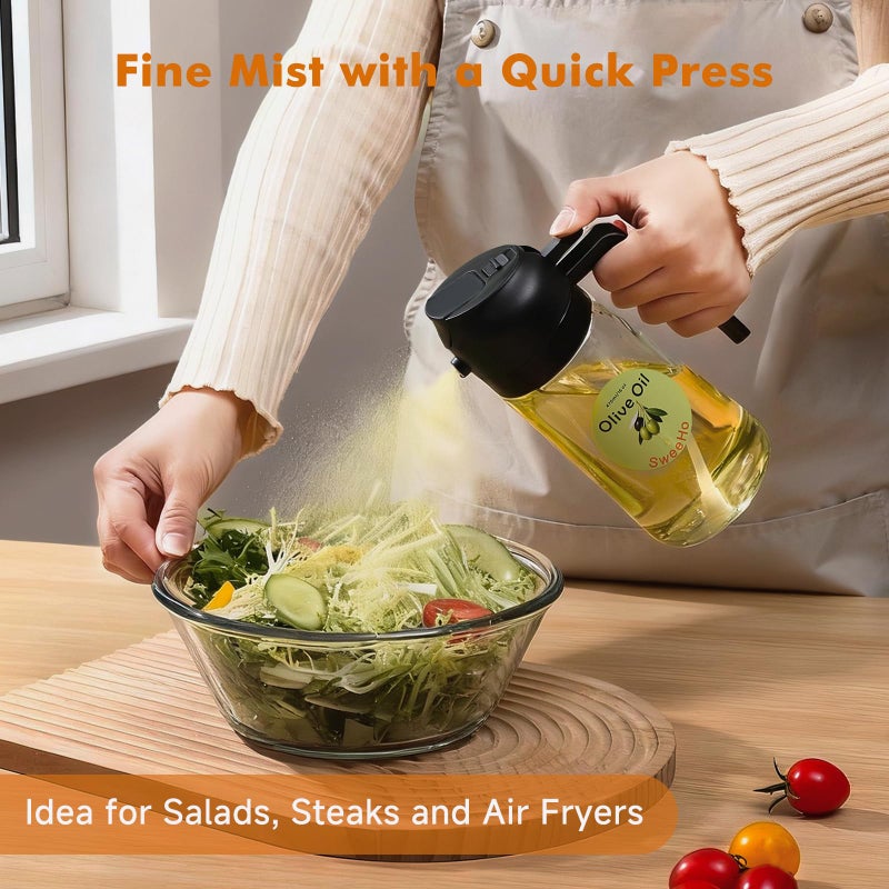 SweeHo Oil Sprayer for Cooking,470ml Cooking Olive Oil Sprayer and Oil Dispenser 2 In 1, Food-grade Glass Oil Spray Bottle Mister for Air Fryer, BBQ, Griddle (Black+transparent glass and color label) - Image 2