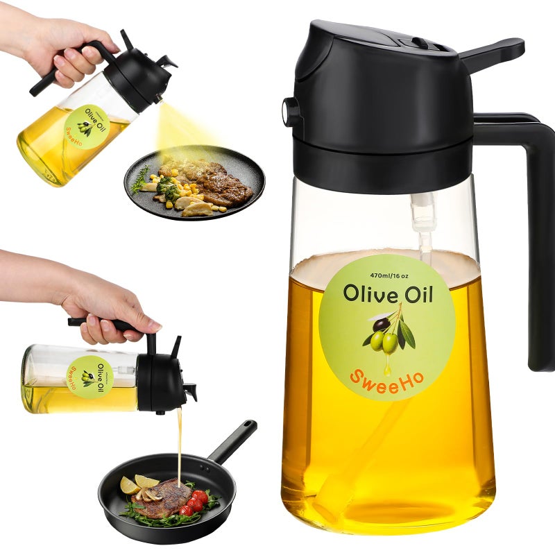 SweeHo Oil Sprayer for Cooking,470ml Cooking Olive Oil Sprayer and Oil Dispenser 2 In 1, Food-grade Glass Oil Spray Bottle Mister for Air Fryer, BBQ, Griddle (Black+transparent glass and color label) - Image 1