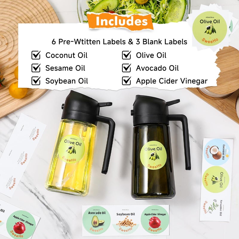 SweeHo Oil Sprayer for Cooking,470ml Cooking Olive Oil Sprayer and Oil Dispenser 2 In 1, Food-grade Glass Oil Spray Bottle Mister for Air Fryer, BBQ, Griddle (Black+transparent glass and color label) - Image 4
