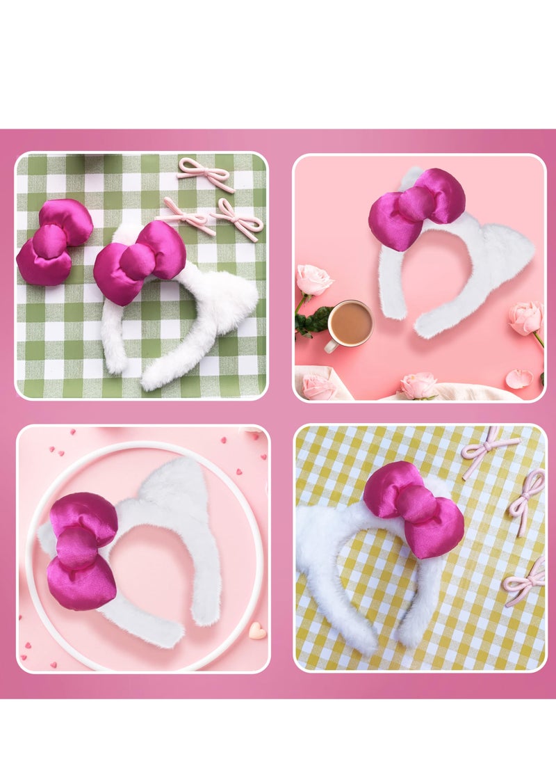 Loquat Kitty Cat Ears Headband Pink Bow White Hair Accessories Stretchy Fabric and Comfortable for Women Party Decoration Headdress Cosplay Costume Headwear Handmade Headpiece Makeup Hair - Image 3