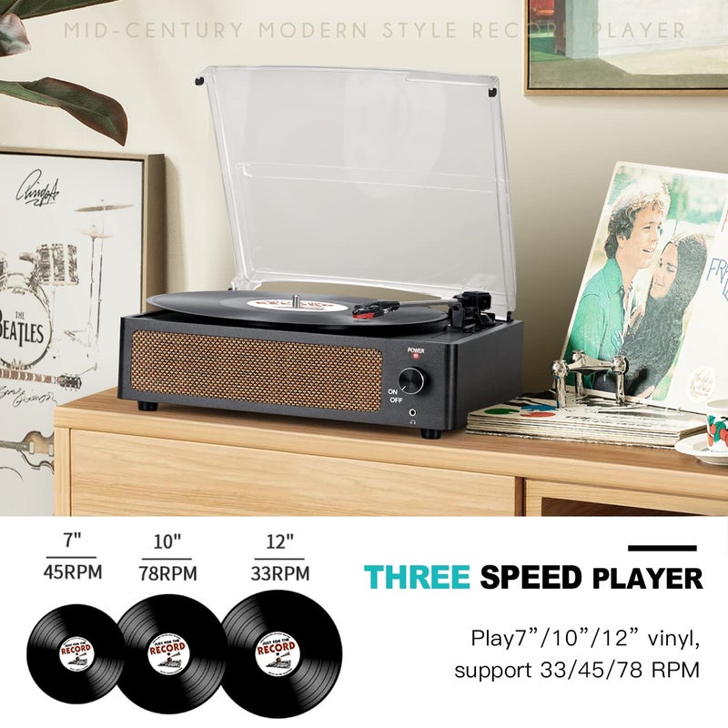 WOCKODER Vinyl Record Players Vintage Turntable with Speakers Belt-Driven Turn Tables Support 3-Speed, Bluetooth Wireless Playback, Headphone, AUX-in, RCA Line LP Phonograph Auto Stop Retro Black - Image 2