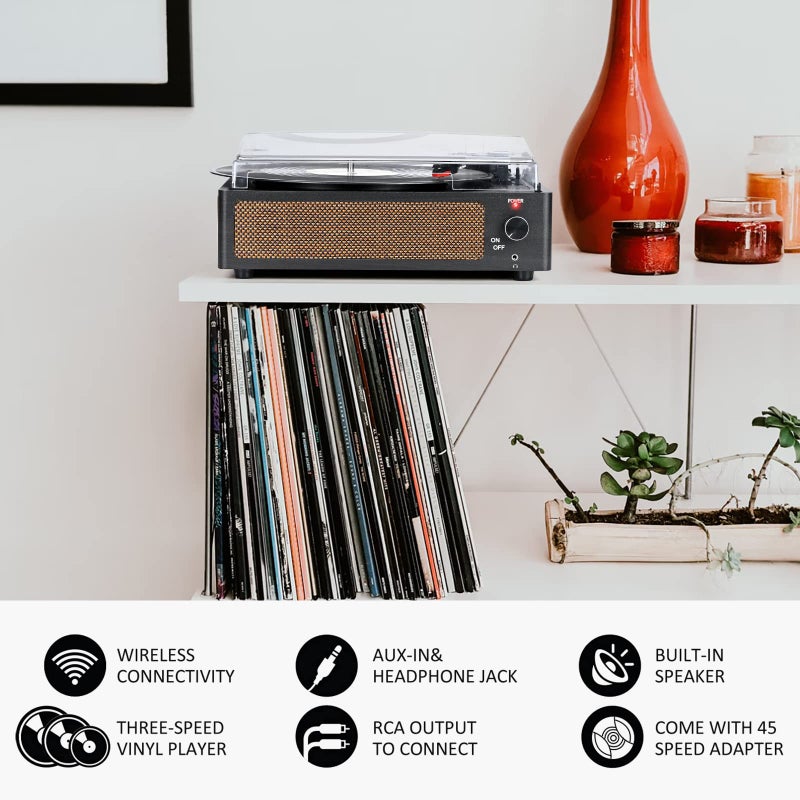 WOCKODER Vinyl Record Players Vintage Turntable with Speakers Belt-Driven Turn Tables Support 3-Speed, Bluetooth Wireless Playback, Headphone, AUX-in, RCA Line LP Phonograph Auto Stop Retro Black - Image 4