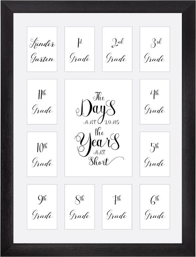 School Year Picture Frame K12 Collage Photo Graduation Black Solid Wood Frames for Wall Hanging and Table Top Display 13 Openings White k12 Kindergarten to 12th Grade High School Picture