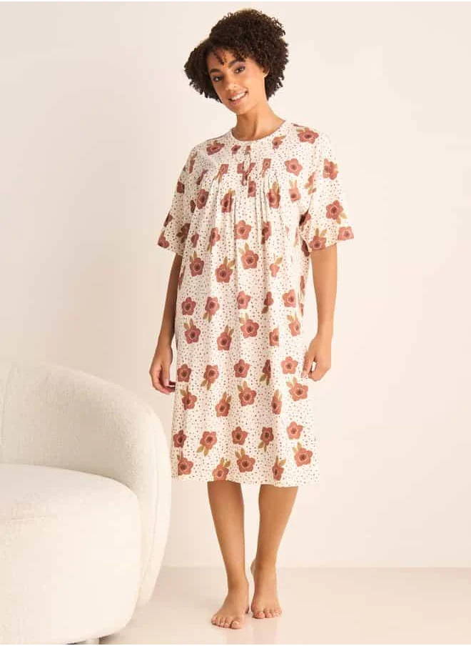 فاف Floral Print Sleepshirt with Button Closure and Short Sleeves