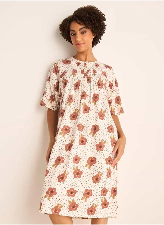 فاف Floral Print Sleepshirt with Button Closure and Short Sleeves