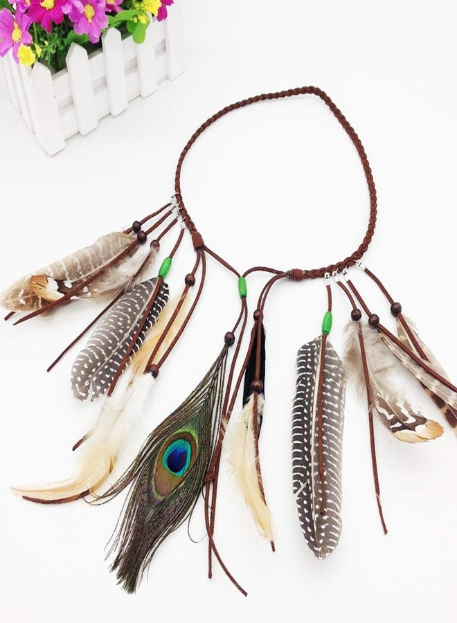 Jurxy Adjustable Peacock Feather Headband Indian Trailing Feather Bohemian Weave Headdress Headpieces with Tassel Beads - Brown- Style 3 - Image 2