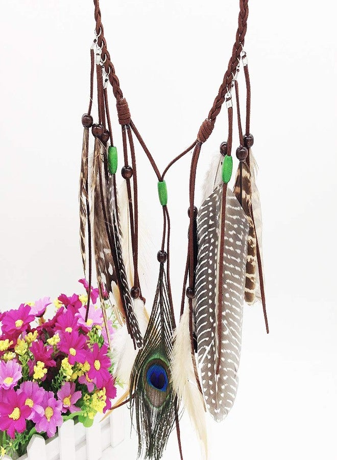 Jurxy Adjustable Peacock Feather Headband Indian Trailing Feather Bohemian Weave Headdress Headpieces with Tassel Beads - Brown- Style 3 - Image 3