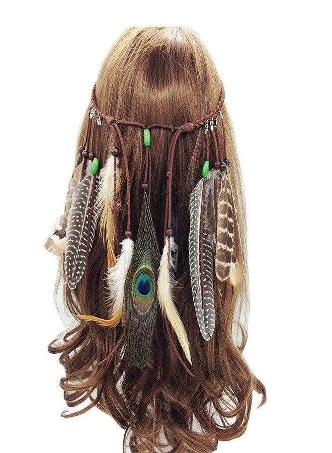 Jurxy Adjustable Peacock Feather Headband Indian Trailing Feather Bohemian Weave Headdress Headpieces with Tassel Beads - Brown- Style 3 - Image 1