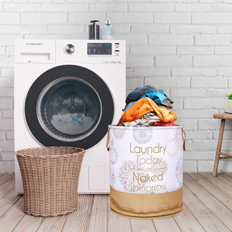 Kuber Industries Laundry Basket | Non-Woven Round Laundry Basket | Foldable Laundry Bag with Handle | Toy Storage Basket | Gola-Print | 45 LTR | Pack of 2 | White - Image 2