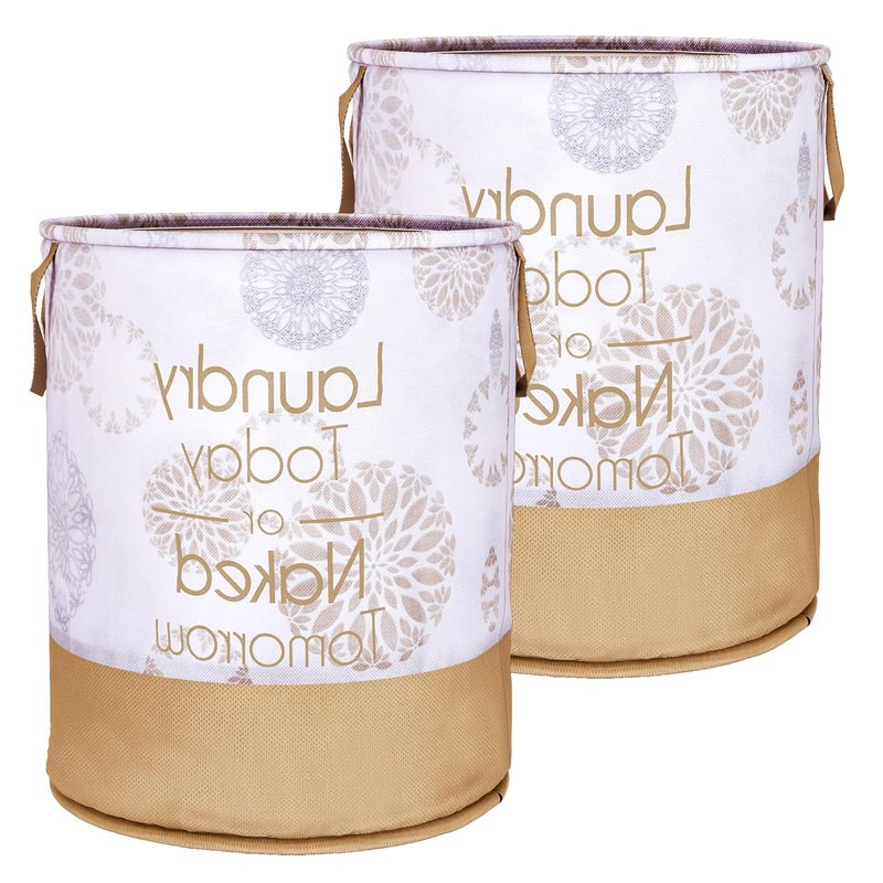 Kuber Industries Laundry Basket | Non-Woven Round Laundry Basket | Foldable Laundry Bag with Handle | Toy Storage Basket | Gola-Print | 45 LTR | Pack of 2 | White - Image 1